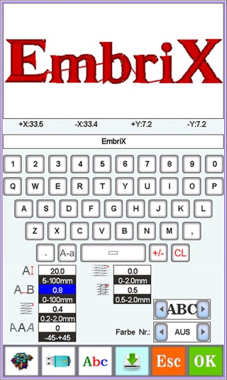 Schriftensystem der Embrix Stickmaschine