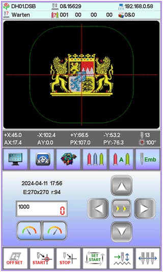 Startbildschirm der Embrix Stickmaschine