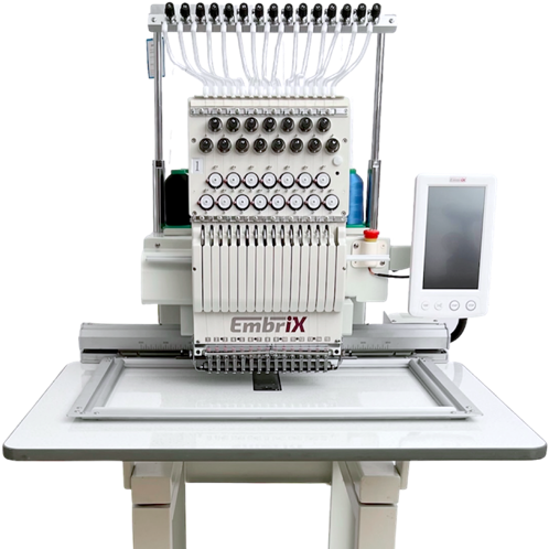 Stickmaschine mit Tischplatte und großem Bordürenrahmen.