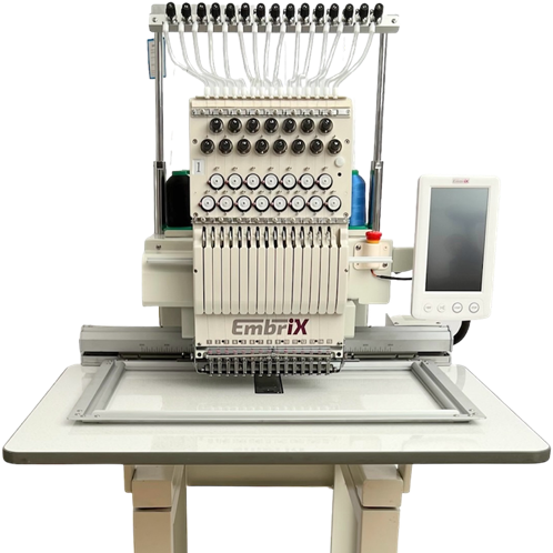 Stickmaschine mit Tischplatte und großem Bordürenrahmen.